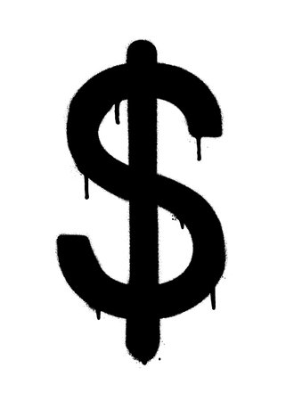 Sprayed dollar icon with overspray in black over white. Graffiti vector illustration.のイラスト素材