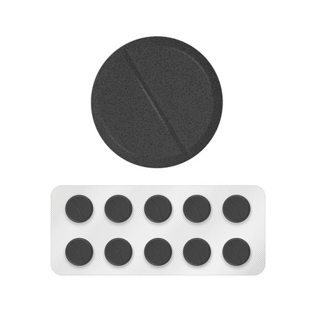 Blister packs of activated carbon tablets on transparent background. Vector illustration with shadowのイラスト素材