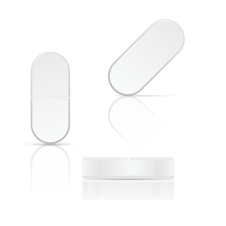 White oval pills on white background. Vector illustration with shadow and reflectのイラスト素材