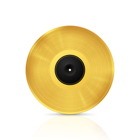 Golden musical vinyl record. Vector image with reflection on white backgroundのイラスト素材