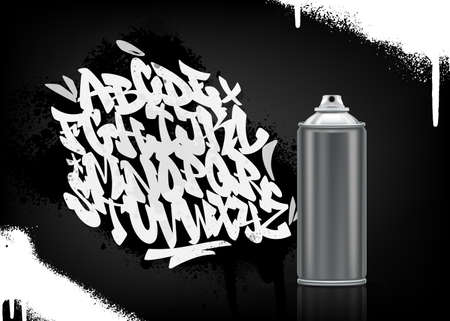 Handwritten graffiti font alphabet on spray paint background with aluminium aerosol can. Vector illustrationのイラスト素材