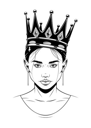 Vintage monochrome drawing of a woman face with crown. Isolated vector templateのイラスト素材