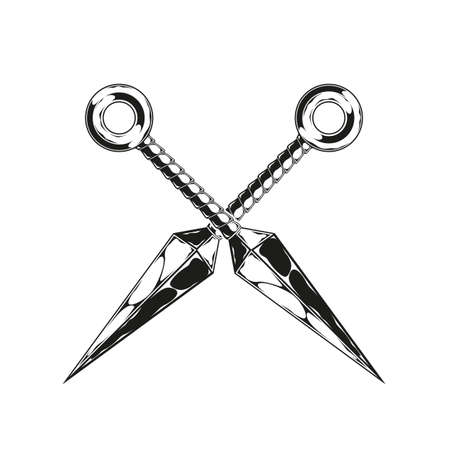 Vintage monochrome crossed japanese throwing knifes illustration. Isolated vector templateのイラスト素材