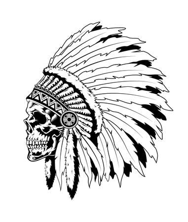 Vintage monochrome highly detailed illustration of Indian skull with feathers. Isolated vector templateのイラスト素材
