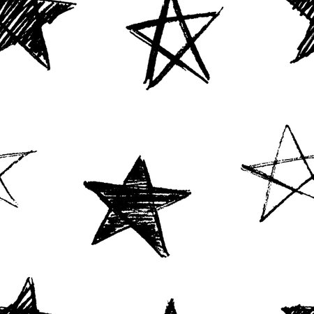 Seamless pattern of hand drawn vector stars symbol. Vector illustration in black over white.のイラスト素材