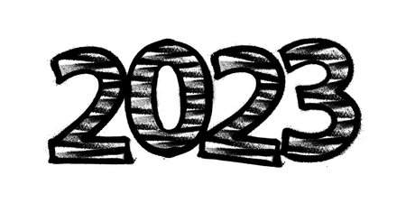 Sprayed 2023 tag graffiti with overspray in black over white. Vector illustration.のイラスト素材