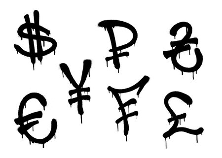 Currency icons set. Black spray graffiti symbols of currency with smudges over white background. Vector illustration.のイラスト素材