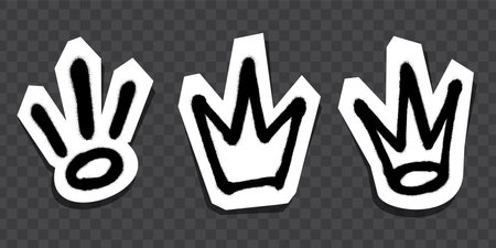 Graffiti-style black crown and symbol stickers with white outlines on dark background.のイラスト素材
