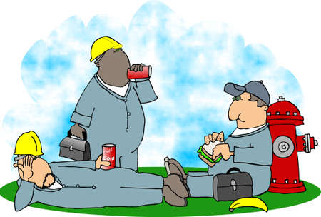 Construction workers on a lunch breakの写真素材
