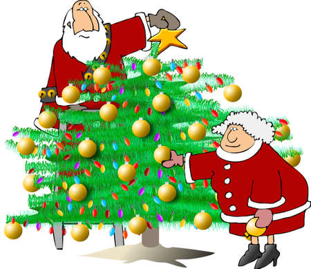 Santa and Mrs Claus decorating a treeの写真素材
