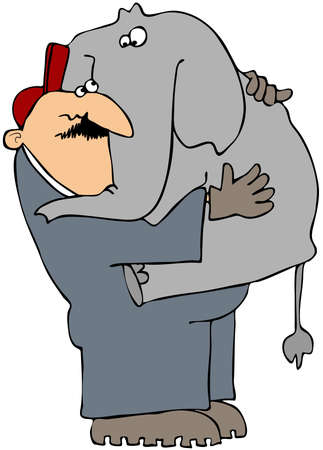 This illustration depicts a man carrying a baby elephant.の写真素材