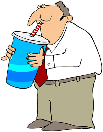 This illustration depicts a man drinking from a super-sized soda cup with a straw.の写真素材