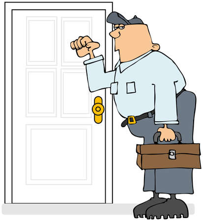 This illustration depicts a serviceman knocking on a door and carrying his toolbox.This illustration depicts a serviceman knocking on a door and carrying his toolbox.の写真素材
