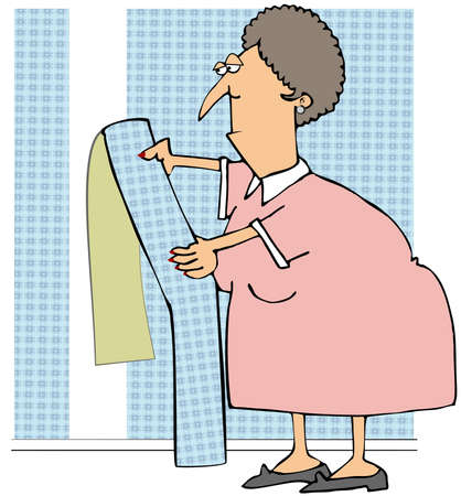 Woman Hanging Wallpaperの写真素材
