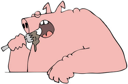 Pig eating with a forkの写真素材