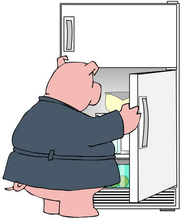 Pig looking in a refrigeratorの写真素材