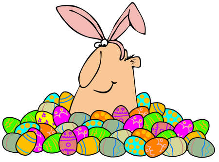 Easter man in a pile of eggsの写真素材