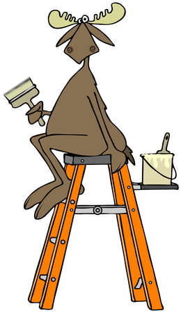 Moose sitting on a stepladder holding a paintbrushの写真素材