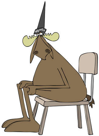 Illustration depicting a bull moose sitting in a chair and wearing a dunce cap.の写真素材