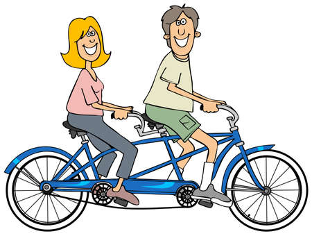 Couple riding a blue tandem bicycleの写真素材