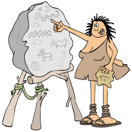 Illustration of a cave woman pointing to petroglyphs scratched into a boulder blackboard.の写真素材