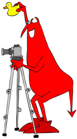 Illustration of a red devil taking a photo with a camera on a tripod and holding up a rubber ducky.の写真素材