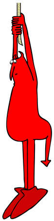 Illustration of a frightened red devil dangling from a rope.の写真素材