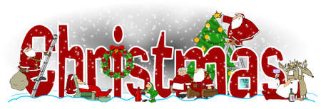 Illustration of the word Christmas with illustrations of Santa and Mrs. Claus, an elf, reindeer and a tree interspersed.の写真素材