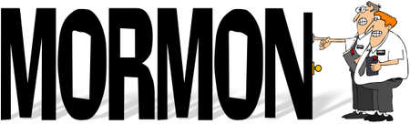 Illustration of the word Mormon with two LDS missionaries ringing a doorbell.の写真素材