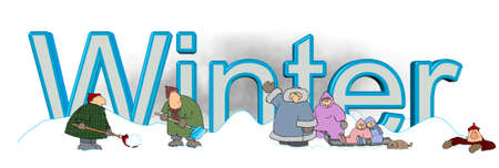 Illustration of the word Winter with people shoveling and playing in the snow.の写真素材
