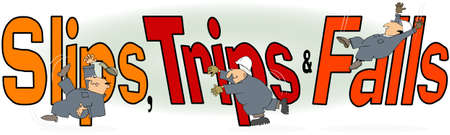 Illustration of the words, slip, trip and fall with a male worker in coveralls mirroring the actions.の写真素材