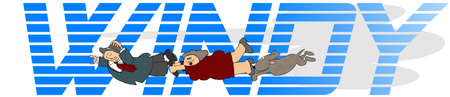 Illustration of the word Windy with a man, woman and a dog trying to hang on.の写真素材