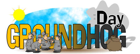 Illustration of the words Groundhog Day with a group of men in top hats holding up a rodent to check for a shadow to forecast the weather.の写真素材