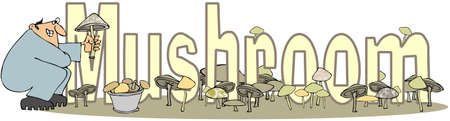 Illustration of the word Mushroom with assorted fungus and a man in coveralls.の写真素材