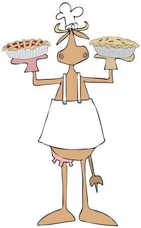 Illustration of a cow wearing an apron and chefs hat holding up two baked pies.の写真素材