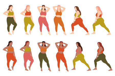 Body Positive concept. Fat Women Doing Fitness. Fat Girl Doing Fitness. Plus size women practice sports. Pilates conceptのイラスト素材