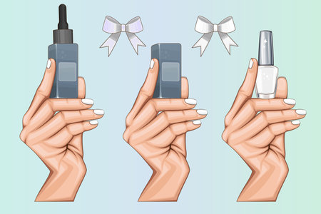 Female Hand Holding Makeup Bottles. Makeup Illustrations. Beauty Salon design conceptのイラスト素材