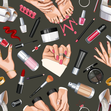 Fashion Seamless pattern with shoes, nails, manicure, makeup. Beauty Seamless Background. Seamless Pattern with Fashion Accessories. Perfect for Beauty Salon decoration, Beautyのイラスト素材