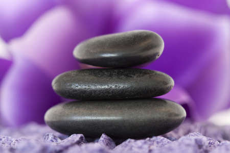 stones with purple flowerの写真素材