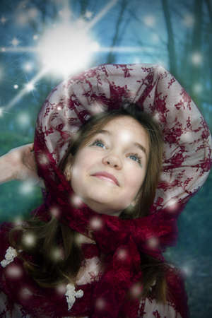 girl on Christmas greeting cardの写真素材