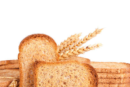 toasted bread slices isolated on white backgroundの写真素材