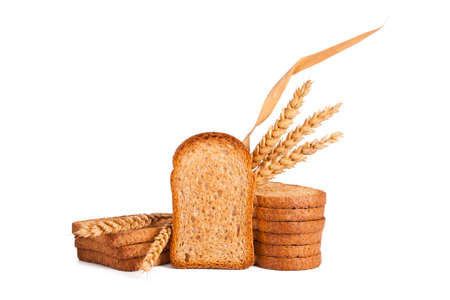 toasted bread slices isolated on white backgroundの写真素材