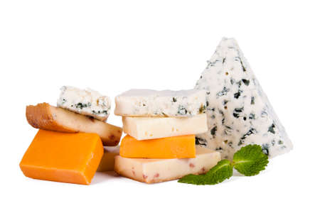 cheese in portions isolated on white backgroundの写真素材