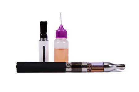 electronic cigarette and utensils isolated on white backgroundの写真素材