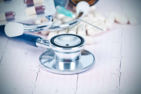 elements of medicine and health, pills and stethoscopeの写真素材