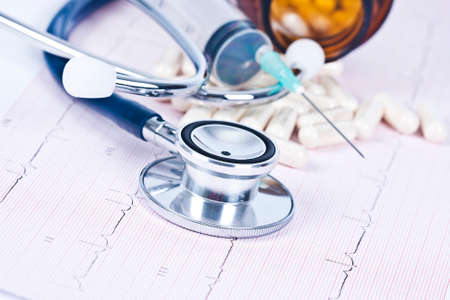 elements of medicine and health, pills and stethoscopeの写真素材