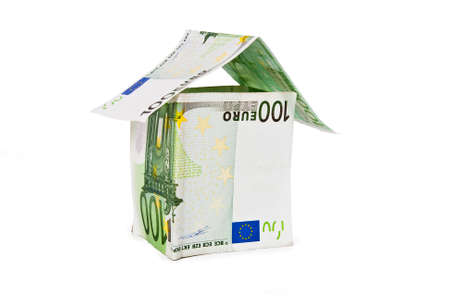house with euro banknotes, economy and household financesの写真素材