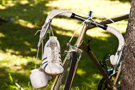 Vintage road bike in the foreground outdoorsの写真素材