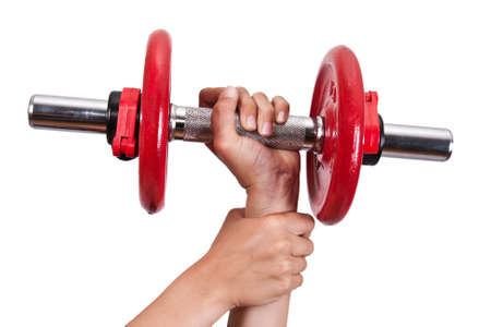 hand holding the dumbbells with help from another armの写真素材