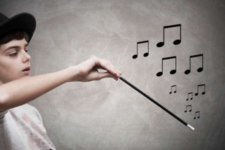 conductor and musical notes on backgroundの写真素材